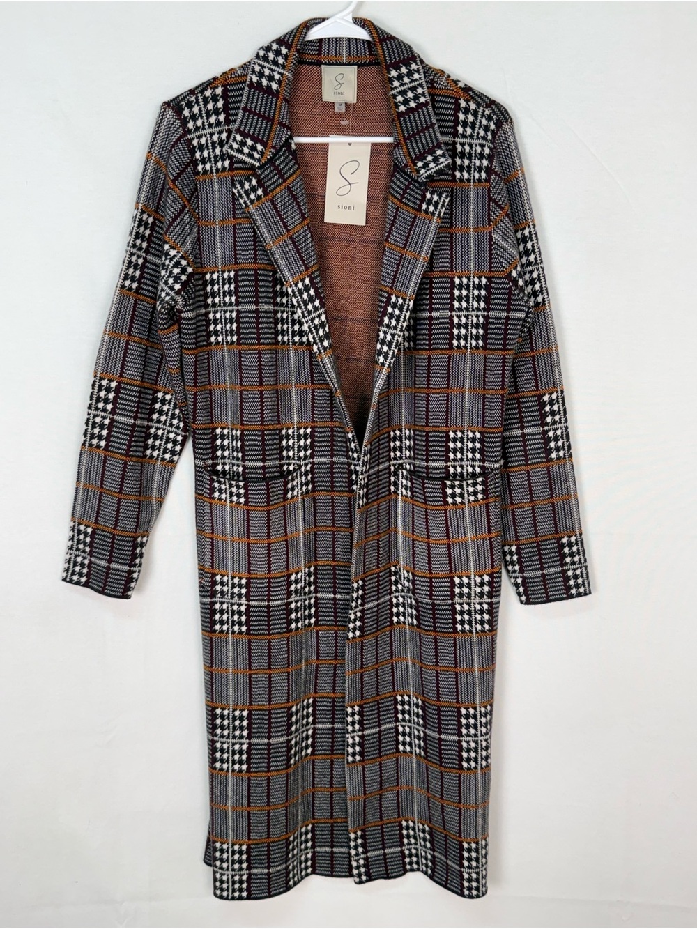 Sioni Plaid Long Coatigan in Black, Gray & Brown with Orange Trim